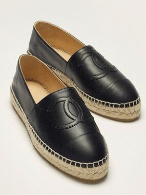 Chanel Black Leather Espadrilles